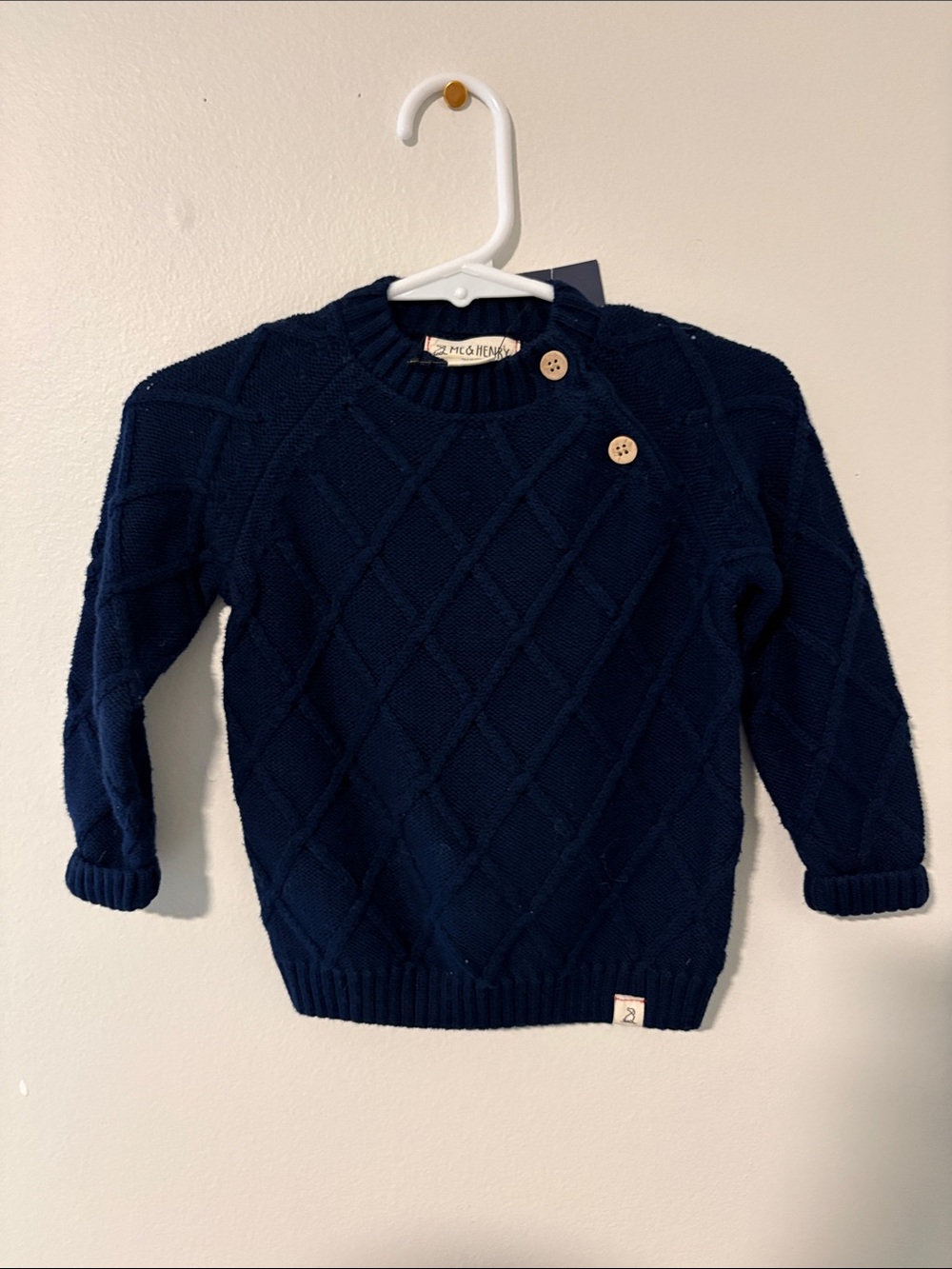 Navy Diamond Cable-Knit Baby Sweater with Shoulder Buttons